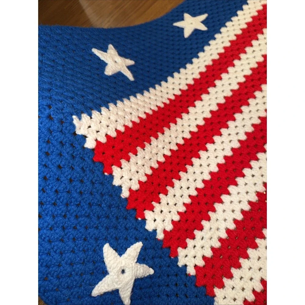 Patriotic Crochet Afghan Throw Blanket 50”x60” Red White Blue Stars Stripes